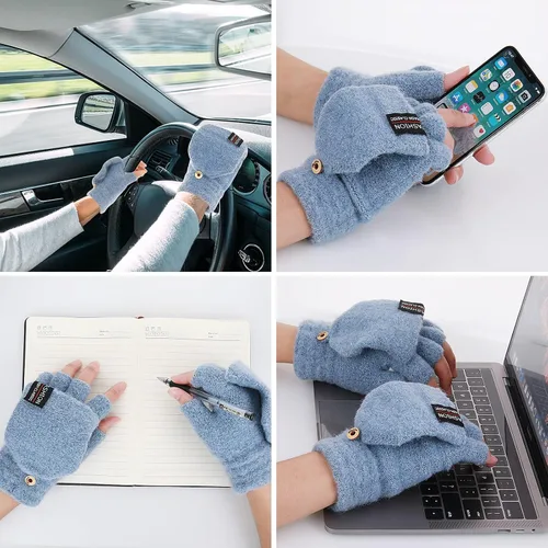 Vista 30 de THINP Guantes sin dedos para mujeres y hombres, guantes de invierno, guantes de lana cálida de punto sin dedos con tapa, guantes convertibles