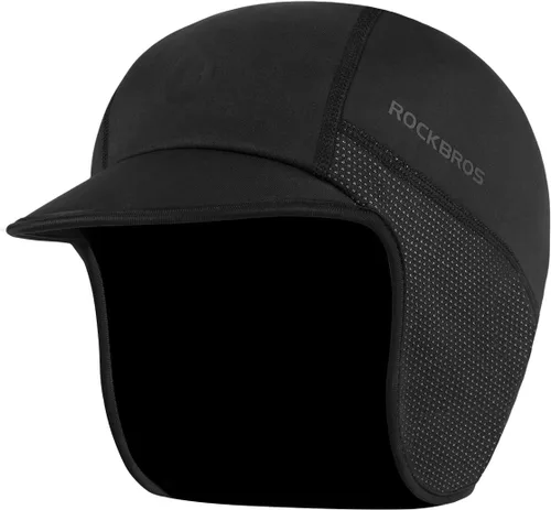 Vista 7 de ROCKBROS Gorras de ciclismo de invierno para hombres y mujeres, sombrero de ciclismo a prueba de viento con visera solar debajo del casco forro negro