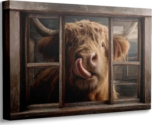 Vista 13 de Divertido arte de pared de baño de vaca de las tierras altas, rústico, color marrón, lindo animal, pintura, imagen, decoración de pared, ganado