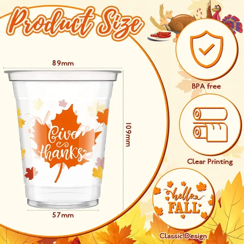 Vista 3 de Meanplan 100 vasos de plástico de Acción de Gracias a granel de 12 onzas, vasos desechables de otoño, hojas de calabaza, pavo, vasos transparentes