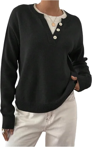 Vista 7 de SOLY HUX Suéteres Pullover para Mujer de Manga Larga con Botones Cuello Redondo 2 en 1 Tops de Punto Holgados Albaricoque puro