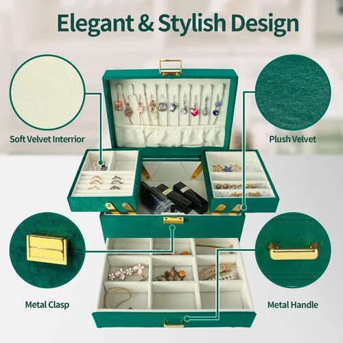 Vista 3 de Dajasan Jewelry Box for Women 3 Layers Large Velvet Jewelry Organizer Jewelry Storage Organizer Jewelry Case for Earring Ring Necklace Bracelets