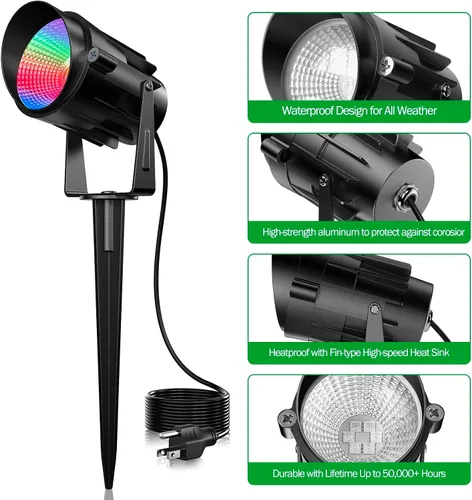Vista 6 de Focos RGB para exteriores, foco RGB de 12 W, luces de paisaje que cambian de color para patio, jardín, camino, 120 V, impermeable, iluminación