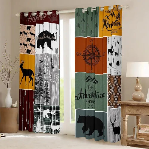 Vista 2 de Cortinas rústicas retro de cabaña, cortinas opacas de oso ciervo, 38 pulgadas de ancho x 45 pulgadas de largo, 2 paneles, cortinas de caza