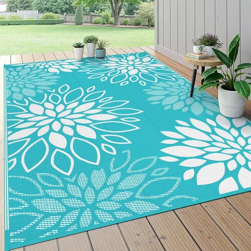 Vista 12 de HEBE Alfombra impermeable para exteriores de 5 x 8 pies para patios, alfombra de paja de plástico reversible floral, alfombra de patio, alfombra