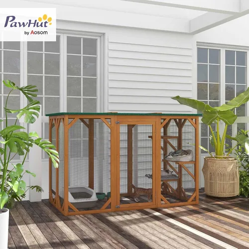 Vista 2 de PawHut Casa para gatos al aire libre, refugio de madera para gatos Catio, jaula para gatos con plataformas, puerta de entrada grande, techo
