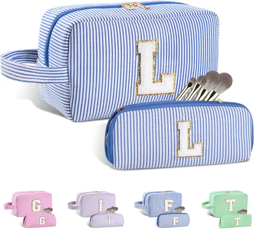 Vista 75 de Bolsa de maquillaje personalizada con inicial A-Z para mujeres, niñas y niños, bolsa de aseo de viaje, bolsa de maquillaje preparada, bolsa