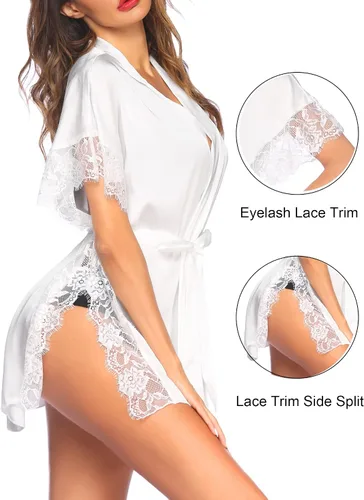 Vista 2 de Avidlove Bata de lencería de satén para mujer, bata de satén para dormir, encaje con división lateral, bata de seda sexy