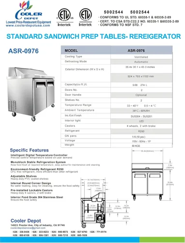 Vista 2 de cooler depot Mesa refrigerada comercial de preparación de sándwich de 2 puertas 36 "ensalada pizza mercancía Worktop NSF mesa de preparación