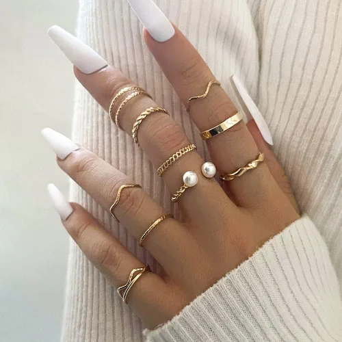 Vista 5 de Juego de anillos negros para nudillos para mujeres y niñas, vintage, apilables, anillos midi bohemios, de cristal, perla y ola marina, paquete
