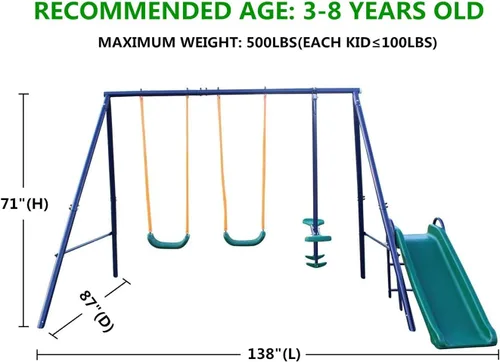 Vista 6 de Juegos de columpios de metal para patio trasero con asientos de columpio, deslizador, Teeter-Totter y columpio deslizante, juego de columpios