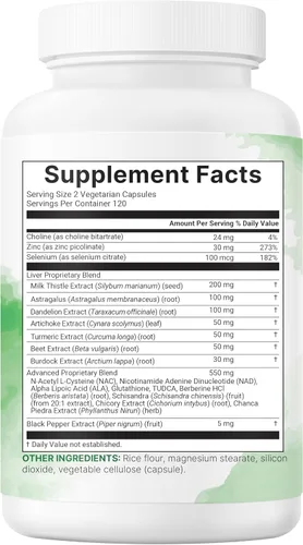Vista 6 de Liver Advanced+, 240 cápsulas vegetales Complejo 20 en 1 con cardo mariano, diente de león, NAD, NAC, ALA, TUDCA, glutatión, alcachofa, cúrcuma