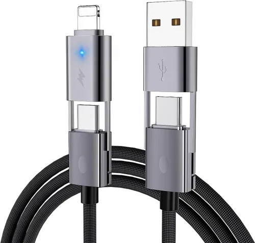 Vista 8 de Paquete de 2 cables USB C 4 en 1 de carga rápida PD 65 W 27 W con puerto tipo C/USB A/L, cable doble trenzado redondo USB-C de 3 pies para iPhone 16