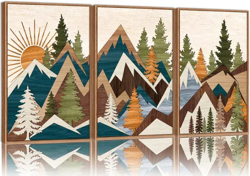 Vista 23 de Tinonedraw Arte de Pared en Lienzo Enmarcado de Paisaje de Montaña Beige, Decoración de Pared Moderna Abstracta de Mediados de Siglo, Arte de Lago