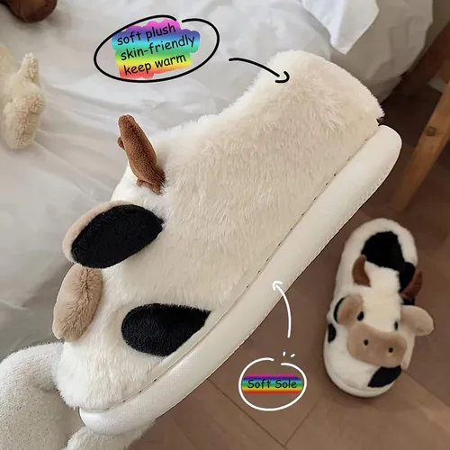 Vista 5 de Pantuflas mullidas de vaca para mujeres y hombres, bonitos zapatos de algodón con animales para casa, pantuflas de felpa esponjosa para niñas