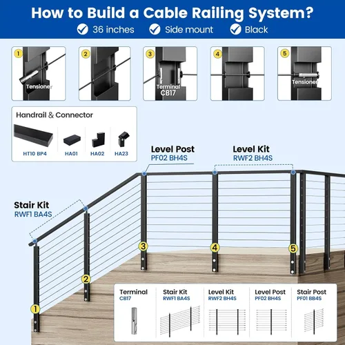 Vista 7 de Muzata Kit de barandilla de cable de acero inoxidable que ahorra espacio, perforado a nivel, para montaje lateral, 4 piezas, negro, 36 pulgadas