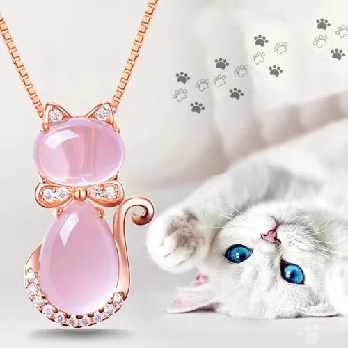 Vista 7 de BBSSC Collar con colgante de gato rosa, piedra de cuarzo y ópalo, lindo gatito adornado, cristales adornados, oro rosa, cadena chapada en plata