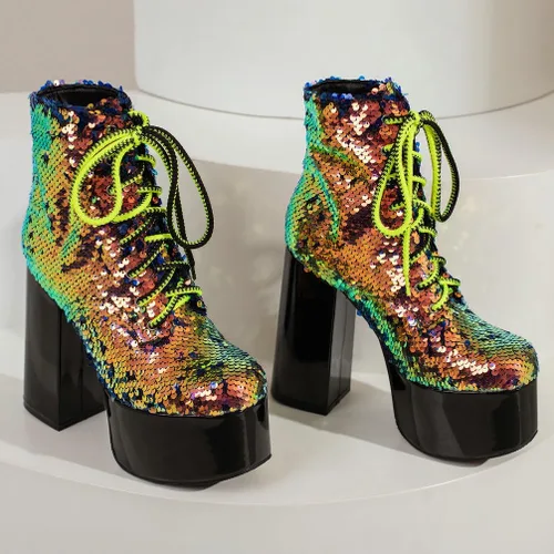 Vista 7 de Caradise Glitter Sparkly Platform Boots Sequin High Heeled Combat Boots Lace Up Chunky High Heel Ankle Boots 5.5 in-oro