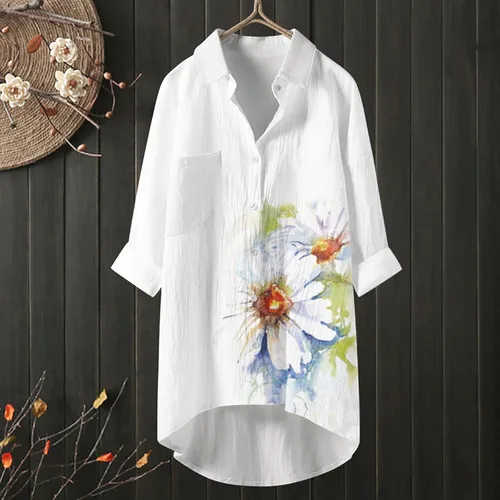 Vista 2 de Camisas con botones para mujer, estilo casual, de manga larga, con estampado floral, con solapa, ajuste holgado, con bolsillo