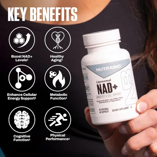 Vista 3 de NutraBio Suplemento liposomal NAD+ con resveratrol, NMN y PQQ para la longevidad y el apoyo celular para hombres y mujeres, vitalidad a largo plazo