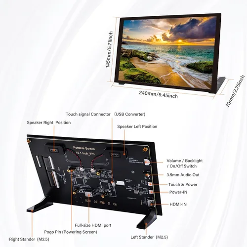 Vista 2 de GeeekPi Pantalla táctil capacitiva de 10.1 pulgadas para Raspberry Pi, monitor HDMI IPS 1280X800 pantalla LCD con doble altavoz para Raspberry Pi