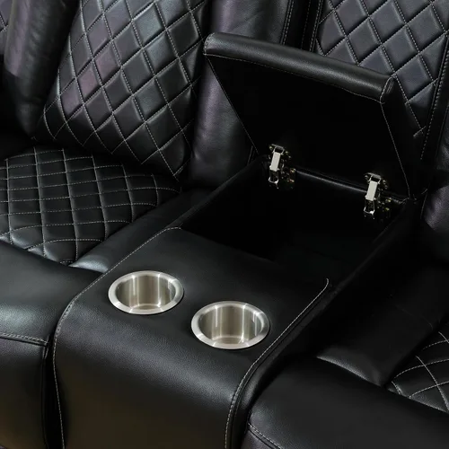 Vista 9 de Juego de sofá reclinable eléctrico para sala de estar, juego de sofá reclinable de cuero con luz LED, soporte para tazas, almacenamiento de consola