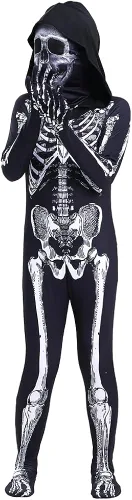 Vista 4 de Disfraz unisex de esqueleto con capucha de esqueleto para fiesta de Halloween