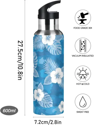 Vista 9 de Stainless Steel Vacuum Insulated Water Bottle 20 Oz, Leakproof Water Bottles for Gym Outdoor Travel School, Flowers Tropical Leaves Blue