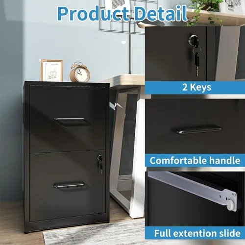 Vista 5 de Archivador de 2 cajones con cerradura, archivadores verticales de metal para oficina en casa, muebles de oficina para organización colgante, Negro