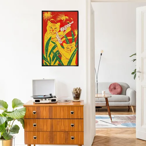 Vista 7 de Póster abstracto vintage de animales retro, dos gatos amarillos sosteniendo pistolas, pintura divertida acuarela gato lienzo arte de pared