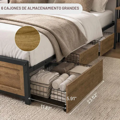 Vista 7 de KISLOT Juego de dormitorio de 3 piezas con almacenamiento, marco de cama con luces LED, marco de cama de metal industrial con estación de carga, 6