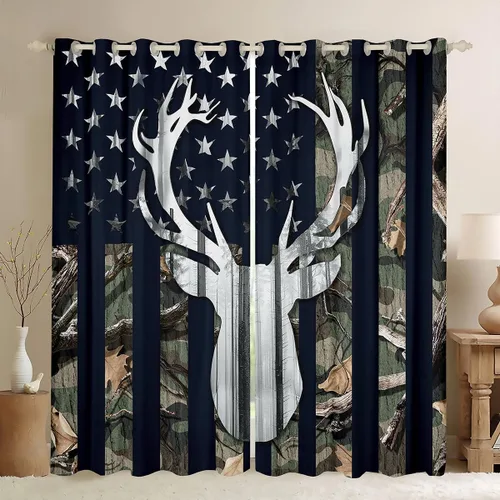 Vista 35 de Cortinas opacas de camuflaje con bandera estadounidense, regalo para niños, cortina de ventana de camuflaje verde con rayas negras, estrellas