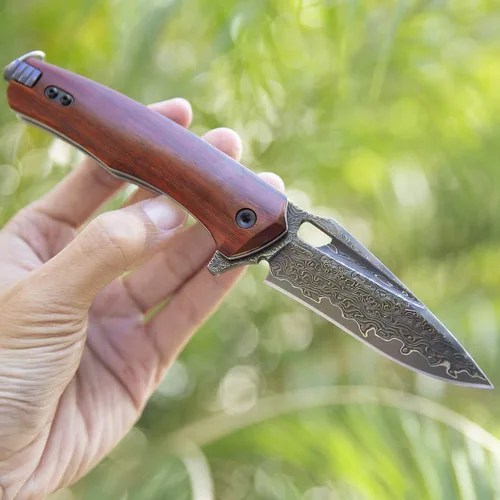 Vista 7 de Cuchillo plegable EDC multifuncional de acero de Damasco con clip de bolsillo autoensamblable, cierre de revestimiento, funda de cuero, cuchillo