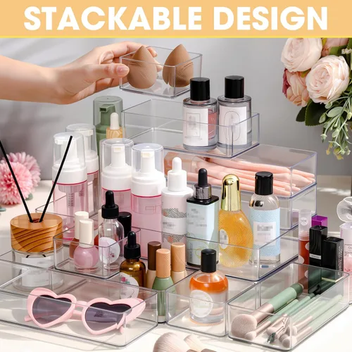 Vista 5 de Teenyyou - Organizador de cajones apilables de 4 tamaños, bandejas de acrílico para almacenamiento de cosméticos, joyas, suministros de oficina