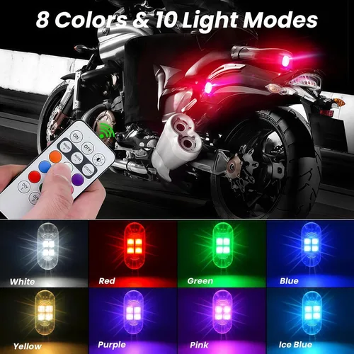 Vista 2 de 8 luces estroboscópicas LED inalámbricas con control remoto, RGB 8 colores multifunción, carga USB, impermeable, anticolisión, advertencia trasera