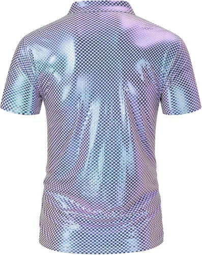 Vista 3 de TURETRENDY Camisa de discoteca de los años 70 para hombre, con lentejuelas brillantes, manga corta, para fiesta, polo hipster, discoteca, baile