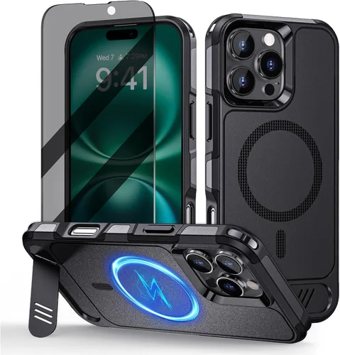 Vista 10 de Lanhiem Funda magnética para iPhone 16 Pro Max, [protector de pantalla de privacidad antiespía] protección contra caídas de grado mil, soporte