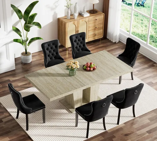 Vista 27 de Juego de mesa de comedor extensible marrón de 63 a 78.74 pulgadas para 4, juego de mesa de comedor de 5 piezas con 4 sillas, mesa de cocina