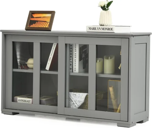 Vista 9 de LOKO Armario apilable para bufé, armario de almacenamiento de cocina con puertas corredizas de vidrio templado, pequeño aparador para cocina, Negro