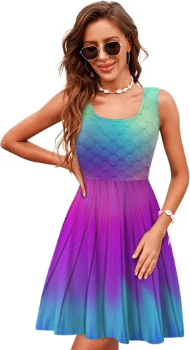 Vista 62 de uideazone - Vestido de mujer sin mangas cuello redondo de verano, para playa, casual, Midi línea A.