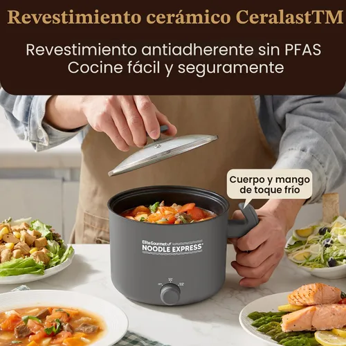 Vista 3 de Elite Gourmet Noodle Express - Olla caliente eléctrica, Ceralast antiadherente, color gris