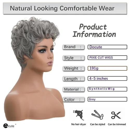 Vista 2 de DOcute Peluca gris para personas negras, corte pixie con flequillo, peluca rizada corta para mujeres negras, peluca rizada esponjosa para mujeres