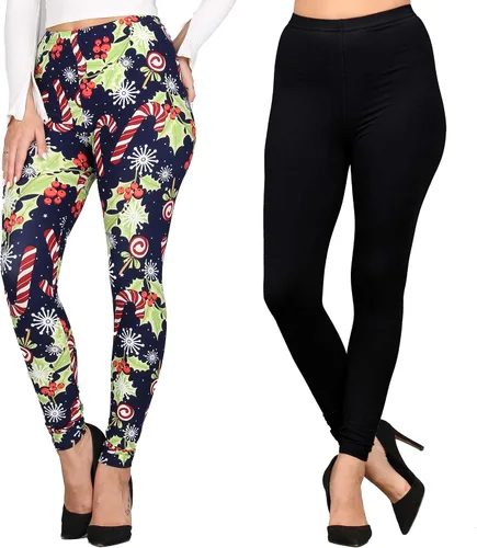 Vista 39 de Lildy - Leggings súper suaves lisas e impresas para mujer, elásticas sin transparencias Rayas negras y rojas/paquete de dos negras