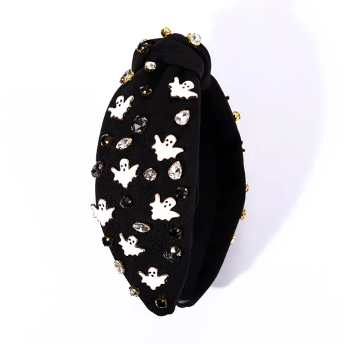 Vista 5 de Diadema de Halloween para mujer, diadema espeluznante de calabaza, araña, fantasma, diadema con diamantes de imitación, diadema anudada de cristal