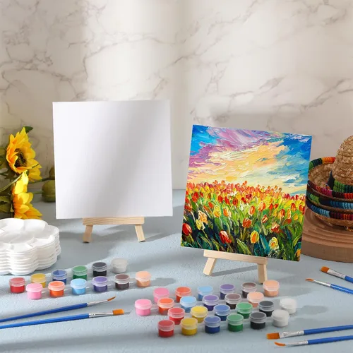 Vista 3 de Qilery Juego de 12 piezas de pintura en lienzo, mini lienzo con caballetes de madera, tiras de pinturas acrílicas, pinceles, paleta, juego de arte