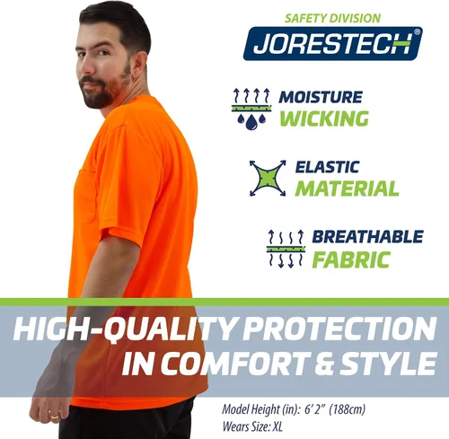 Vista 5 de JORESTECH Camiseta de trabajo de manga corta naranja o amarilla de alta visibilidad con bolsillo en el pecho, tela que absorbe la humedad