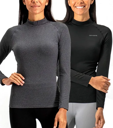 Vista 15 de DEVOPS Paquete de 2 camisetas térmicas de cuello alto de manga larga de compresión para mujer capa base negro / negro