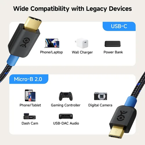 Vista 4 de Cable Matters Cable trenzado USB C a micro USB – 1 pie, [carga de 3A/15 W, datos de 480 Mbps] cable microUSB a USBC, cable Micro-B 2.0