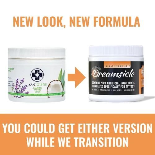 Vista 2 de Saniderm - Dreamsicle Tattoo Glide Naturalmente Perfumado - 4 oz Features Whipped Texture, Petroleum-Free Formula, Orange & Vanilla Oils and
