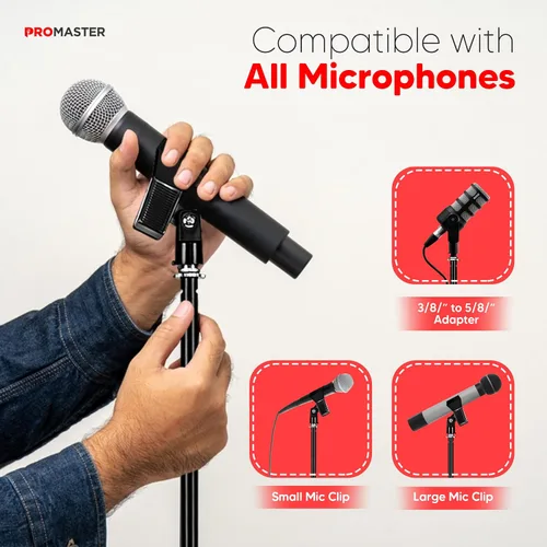 Vista 5 de The Promaster - Soporte de micrófono de base redonda, portátil y ajustable con compatibilidad universal, soporte de metal para micrófono de calidad